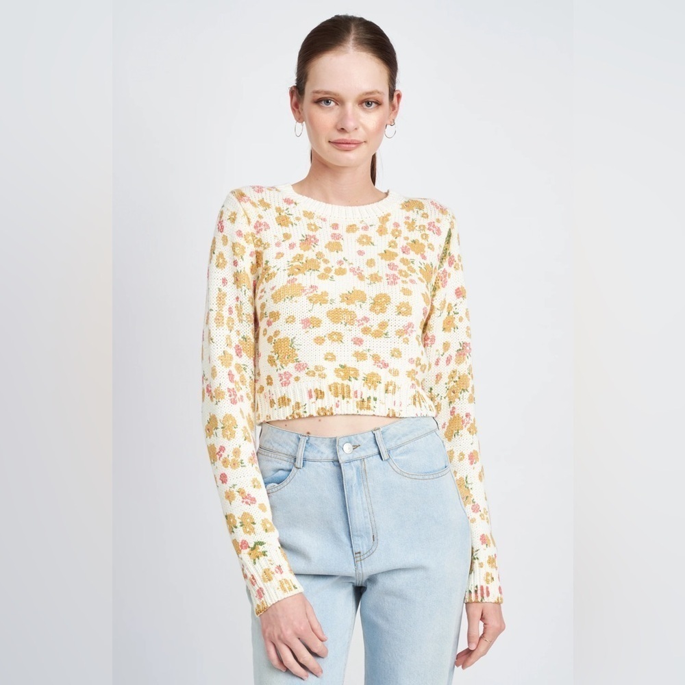 NWT Emory Park Floral Printed Everly Knit Sweater Top Size Small Cropped